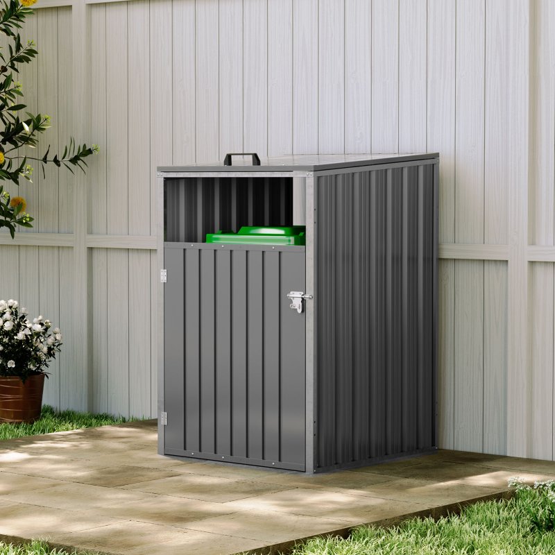 Metal Outdoor Garbage Bin Shed For 1 Trash Bin, Grey