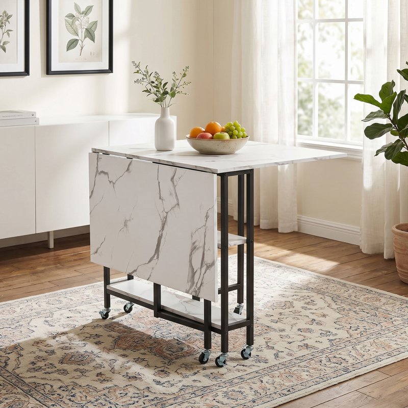 Living and Home 120x80cm Folding Dining Table with Wheels and Storage Shelves