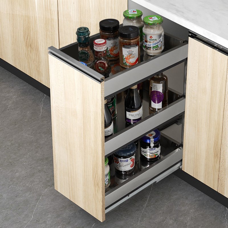 3-Tier Stainless Steel Pull-Out Cabinet Organizer, 25 cm W x 43 cm D x 45 cm H - Quiet Glide, Corrosion-Resistant Pantry Shelf