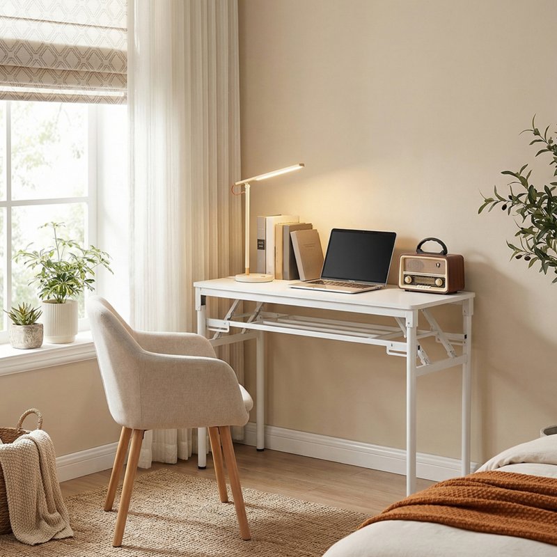 Living and Home 2-Tier Folding Office Desk Foldable Writing Table-White, 80x40cm