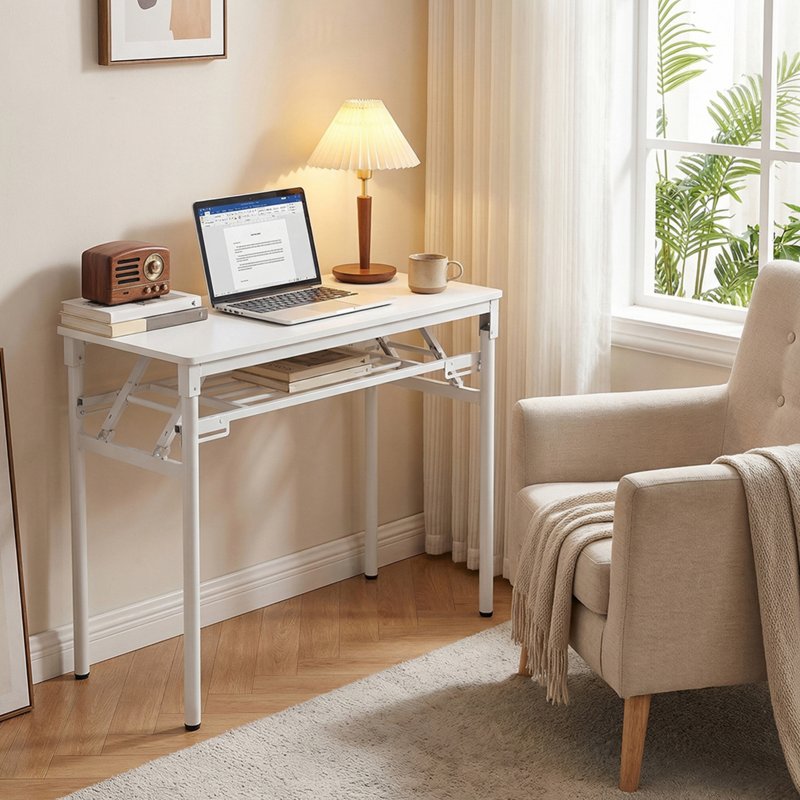 Living and Home 2-Tier Folding Office Desk Foldable Writing Table-White, 80x40cm