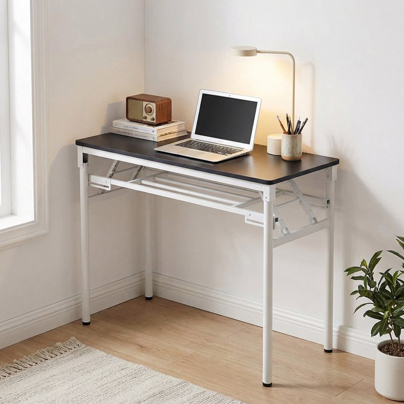 Living and Home 2-Tier Folding Office Desk Foldable Writing Table-Black, 100x40cm