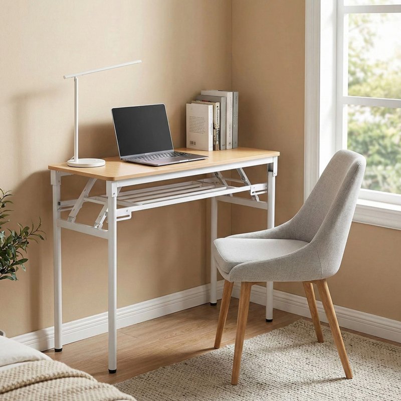 Living and Home 2-Tier Folding Office Desk Foldable Writing Table-Wood Color, 100x40cm