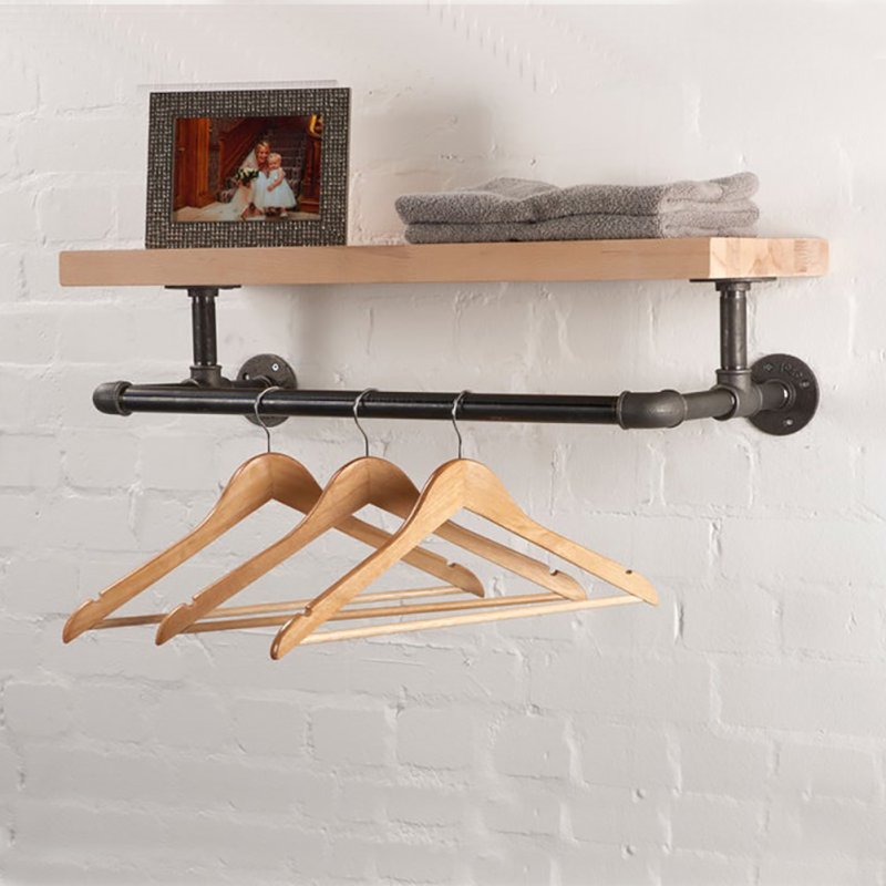 Industrial Floating Wall Shelf with Towel Clothes Pipe Rail, Wall Mounted Storage Shelf