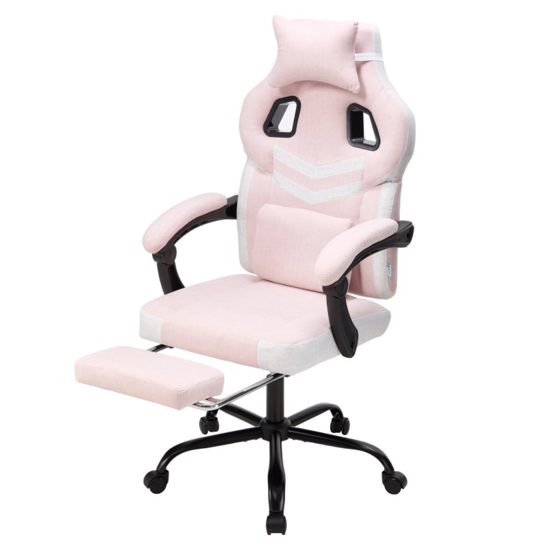 Living and Home Tech Fabric Ergonomic Reclining Gaming Chair, Pink+White, w/ Massage Lumbar Support & Footrest