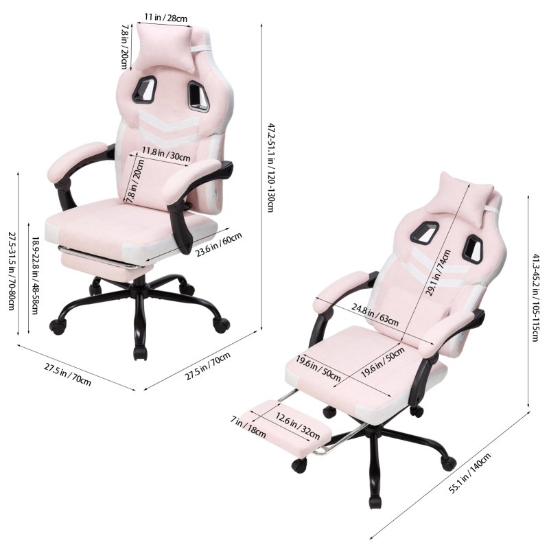 Living and Home Tech Fabric Ergonomic Reclining Gaming Chair, Pink+White, w/ Massage Lumbar Support & Footrest