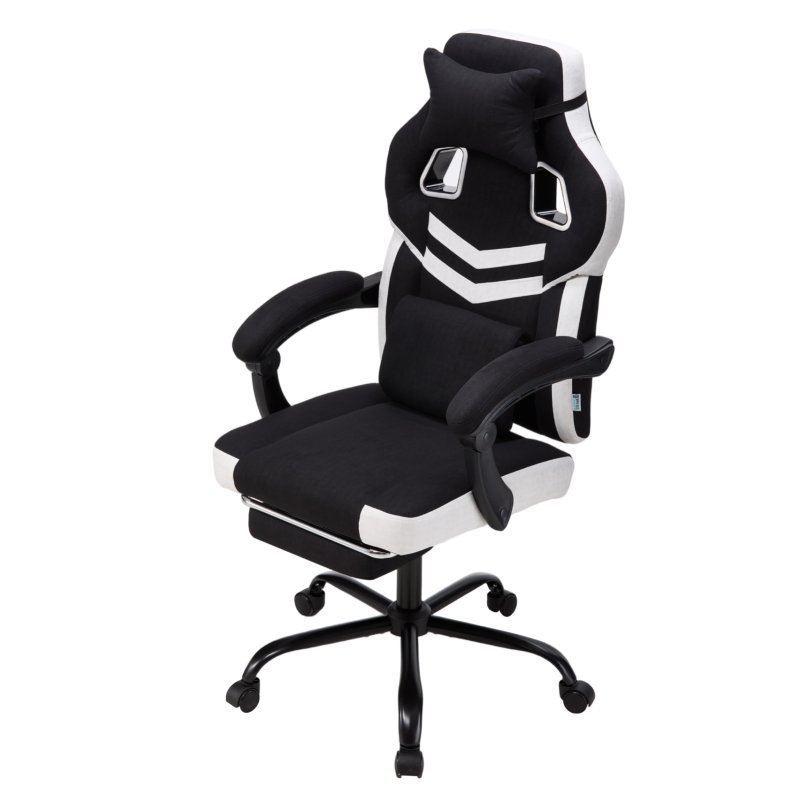 Living and Home Tech Fabric Ergonomic Reclining Gaming Chair, Black+White, w/ Massage Lumbar Support & Footrest