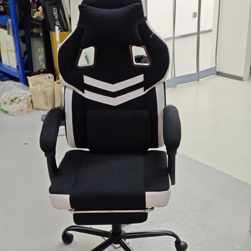 Living and Home Tech Fabric Ergonomic Reclining Gaming Chair, Black+White, w/ Massage Lumbar Support & Footrest