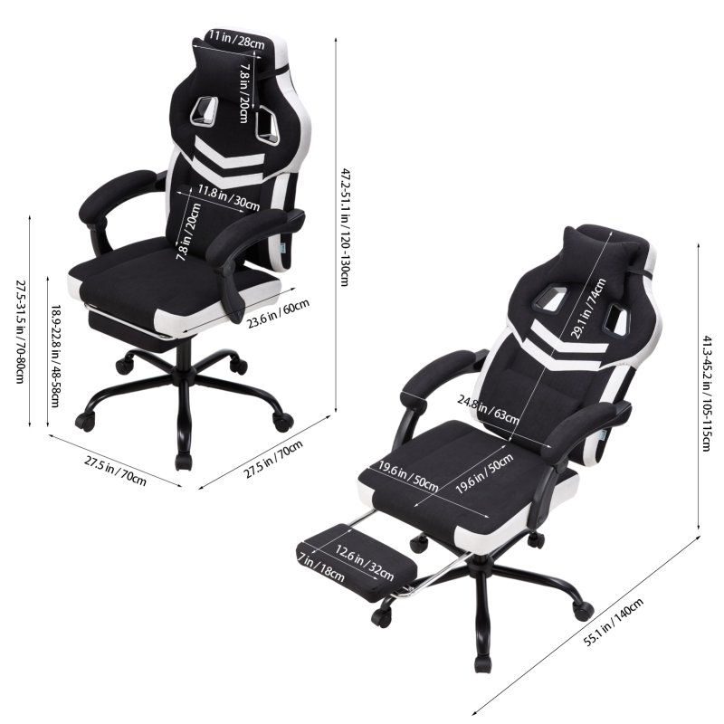 Living and Home Tech Fabric Ergonomic Reclining Gaming Chair, Black+White, w/ Massage Lumbar Support & Footrest