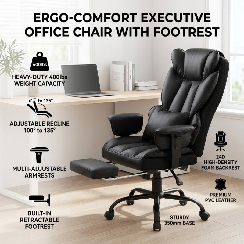 Living and Home Black PVC High‑Back Executive Swivel Office Chair, Reclining Chair with Retractable Footrest & Adjustable Armrests