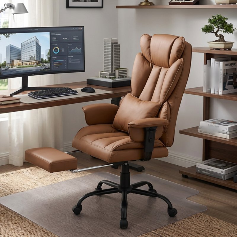 Living and Home Brown PVC High‑Back Executive Swivel Office Chair, Reclining Chair with Retractable Footrest & Adjustable Armrests