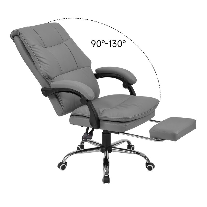 Living and Home Grey PVC High‑Back Executive Office Chair, 350lbs Reclining Chair with Retractable Footrest & Linked Armrests