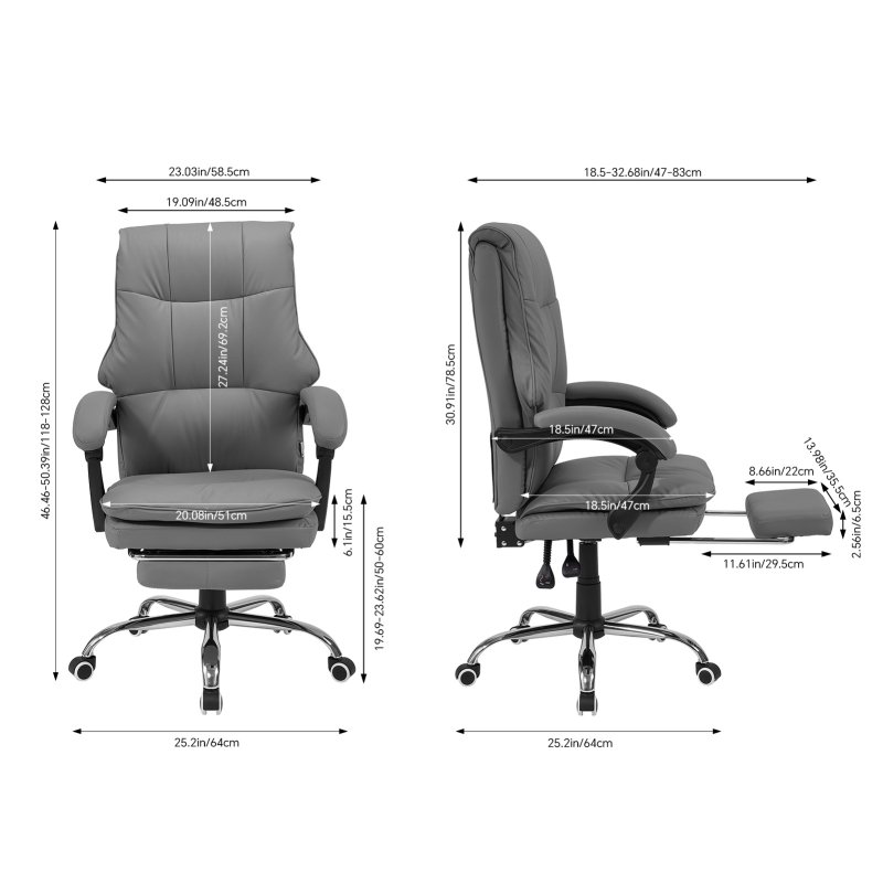 Living and Home Grey PVC High‑Back Executive Office Chair, 350lbs Reclining Chair with Retractable Footrest & Linked Armrests