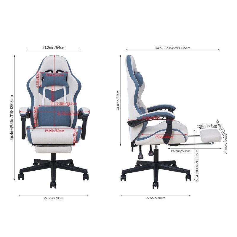 Living and Home Tech Fabric Gaming Chair, Blue+Grey, 135° Reclining Game Chair w/ Massage Lumbar Support, Footrest & Headrest
