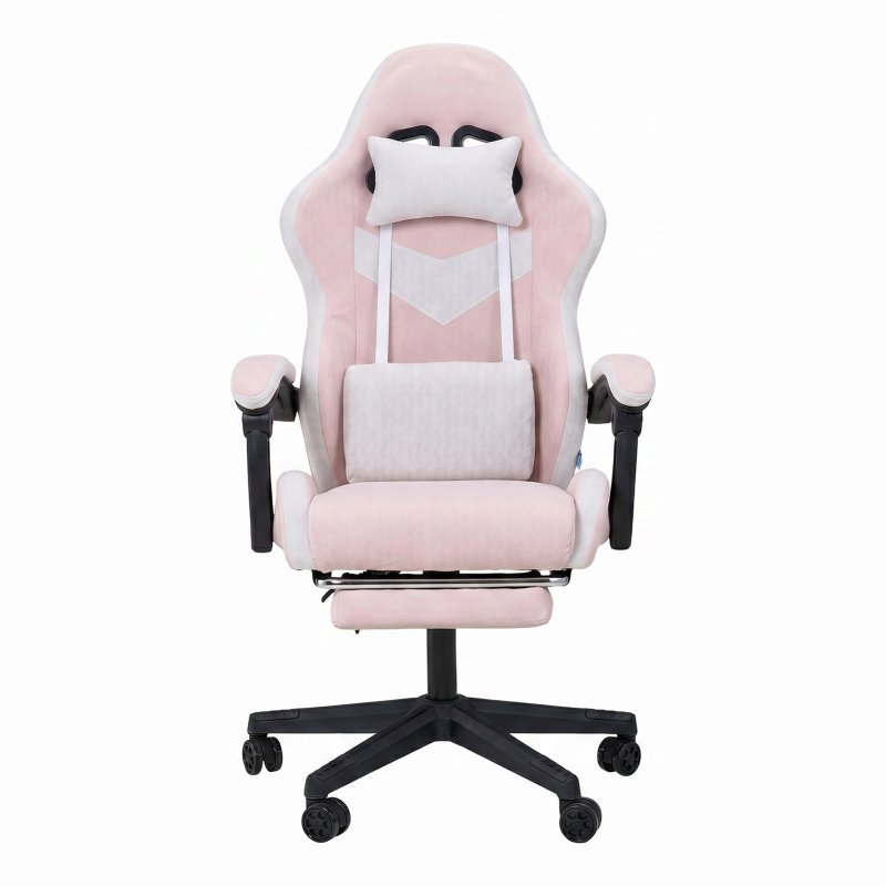Living and Home Tech Fabric Gaming Chair, White+Pink, 135° Reclining Game Chair w/ Massage Lumbar Support, Footrest & Headrest