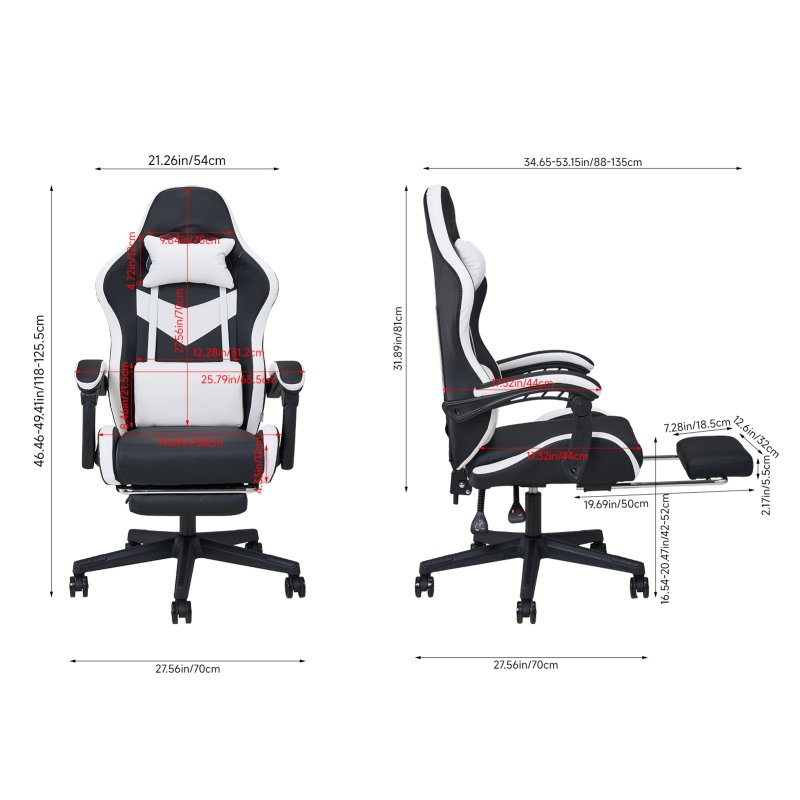 Living and Home PVC Leather Gaming Chair, Black+White, 135° Reclining Racing Game Chair with Massage Lumbar Support, Footrest & Headrest