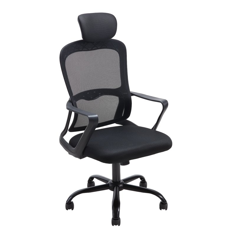 Living and Home Black Mesh Office Chair, Ergonomic Swivel Desk Chair with Adjustable Flip‑Up Headrest, Fixed Armrests and 15° Tilt Recline