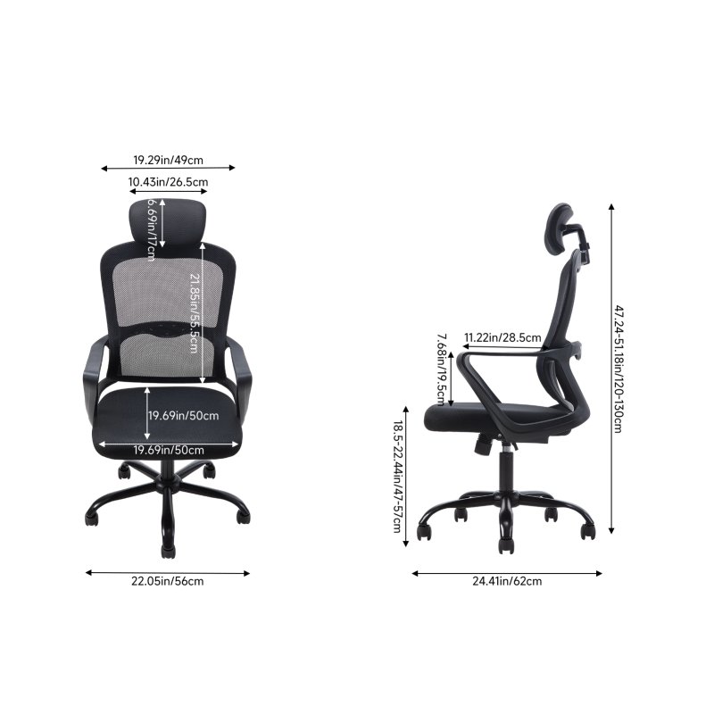 Living and Home Black Mesh Office Chair, Ergonomic Swivel Desk Chair with Adjustable Flip‑Up Headrest, Fixed Armrests and 15° Tilt Recline