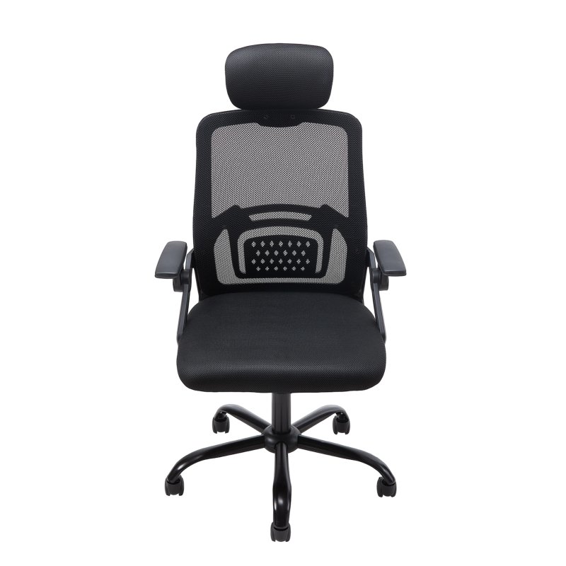 Living and Home Black Mesh Office Chair, Ergonomic Swivel Desk Chair with Flip‑Up Armrests, Adjustable Headrest and 15° Tilt Recline