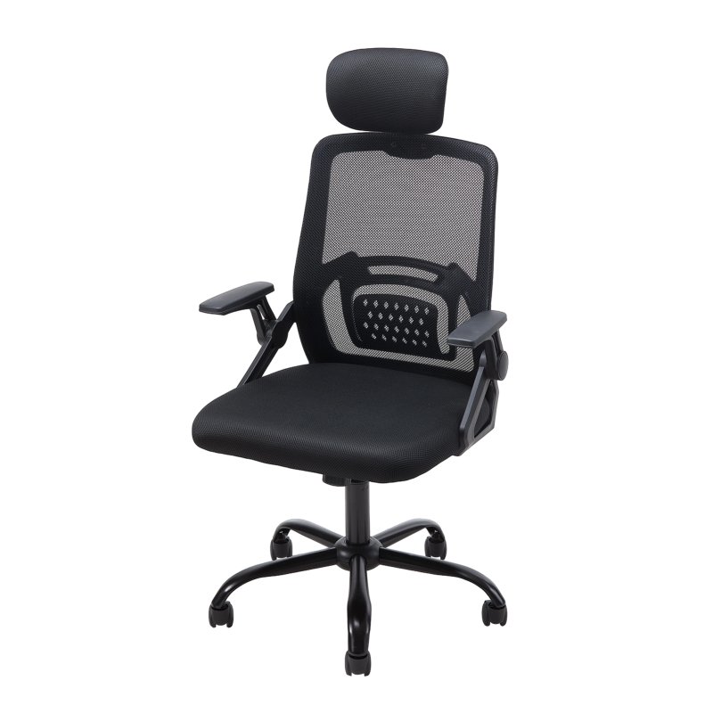 Living and Home Black Mesh Office Chair, Ergonomic Swivel Desk Chair with Flip‑Up Armrests, Adjustable Headrest and 15° Tilt Recline