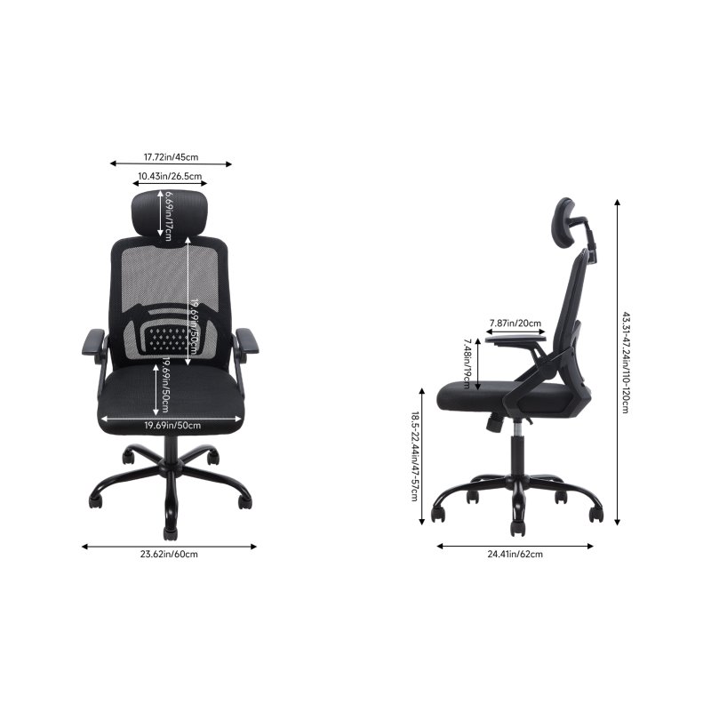 Living and Home Black Mesh Office Chair, Ergonomic Swivel Desk Chair with Flip‑Up Armrests, Adjustable Headrest and 15° Tilt Recline