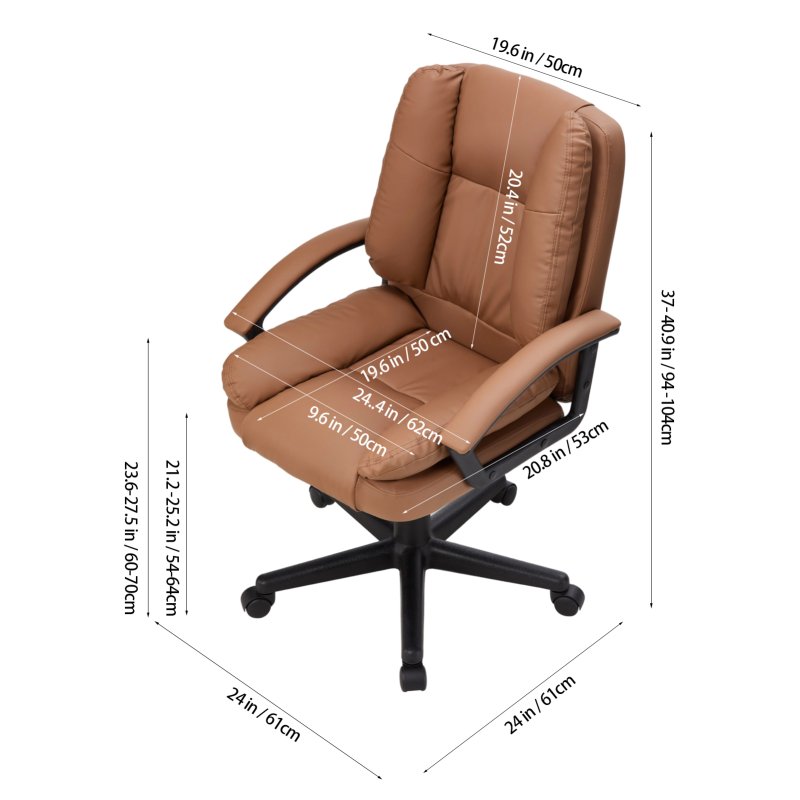 Living and Home Brown PVC Leather Reclining Office Chair, Height Adjustable Swivel Desk Chair with 105° Rocking Function