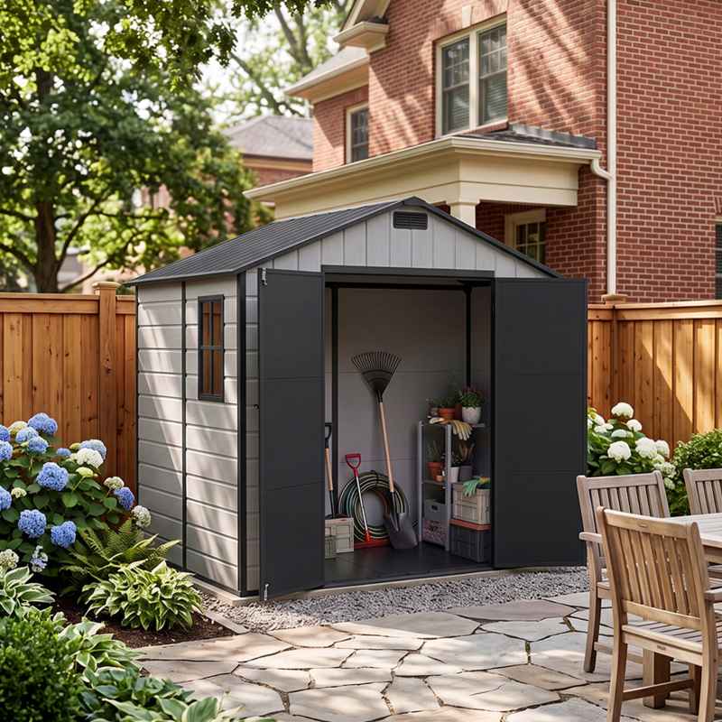 Living and Home 7.53 x 6.07FT Apex Roof Plastic Garden Storage Shed, Grey+Black, Lockable Double Doors & Window, Weather-Resistant PP & Aluminium Frame Tool Shed