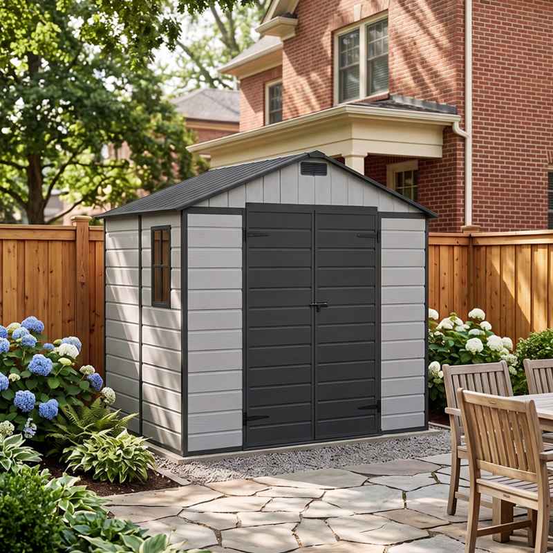 Living and Home 7.53 x 6.07FT Apex Roof Plastic Garden Storage Shed, Grey+Black, Lockable Double Doors & Window, Weather-Resistant PP & Aluminium Frame Tool Shed
