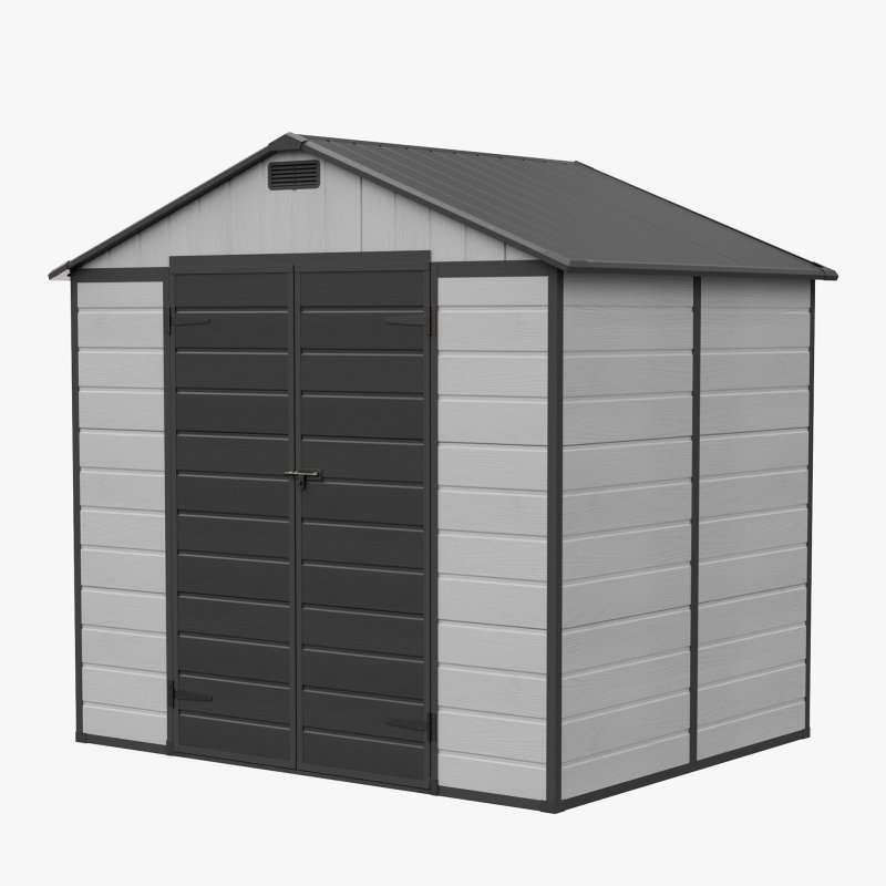 Living and Home 7.53 x 6.07FT Apex Roof Plastic Garden Storage Shed, Grey+Black, Lockable Double Doors & Window, Weather-Resistant PP & Aluminium Frame Tool Shed