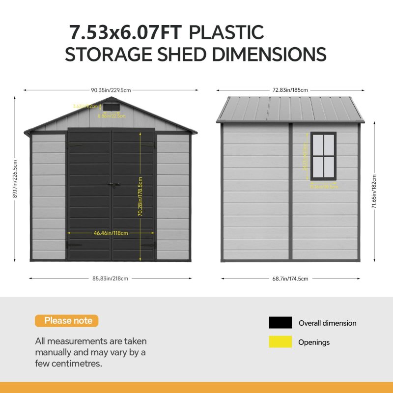 Living and Home 7.53 x 6.07FT Apex Roof Plastic Garden Storage Shed, Grey+Black, Lockable Double Doors & Window, Weather-Resistant PP & Aluminium Frame Tool Shed