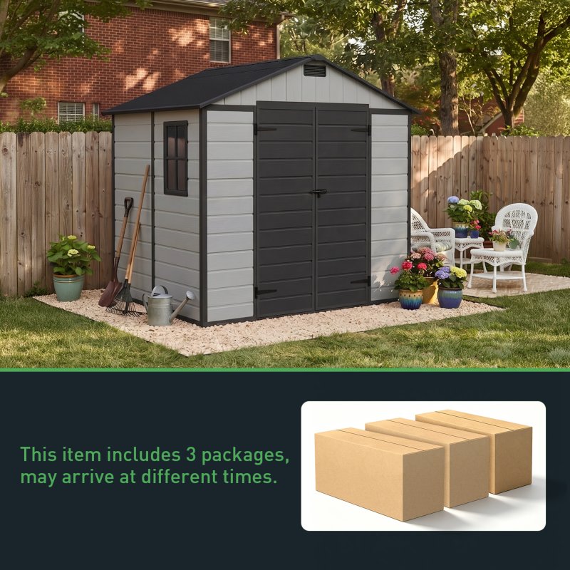 Living and Home 7.53 x 6.07FT Apex Roof Plastic Garden Storage Shed, Grey+Black, Lockable Double Doors & Window, Weather-Resistant PP & Aluminium Frame Tool Shed