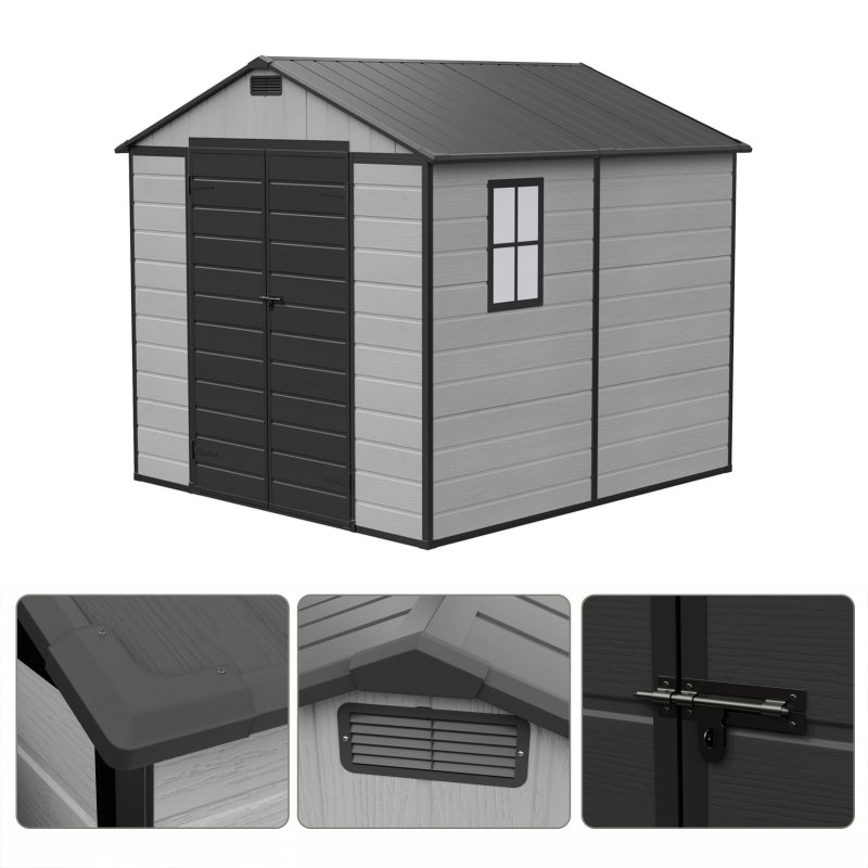 Living and Home 7.53 x 8.01FT Apex Roof Plastic Garden Storage Shed, Grey+Black, Lockable Double Doors & Window, Weather-Resistant PP & Aluminium Frame Tool Shed