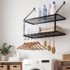 Toque Pot Pan Rack Wall Mounted Kitchen Shelf 2 Tier Storage Rack Metal 10 Hooks