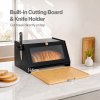 TOQUE Bread Box Wooden Bread Bin 2-Tier Bamboo Bread Storage Holder Black