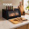 TOQUE Bread Box Wooden Bread Bin 2-Tier Bamboo Bread Storage Holder Black
