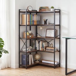 Levede Corner Bookcase 5-Tier L-Shaped Bookshelf Space-Saving Spice Walnut Black Metal