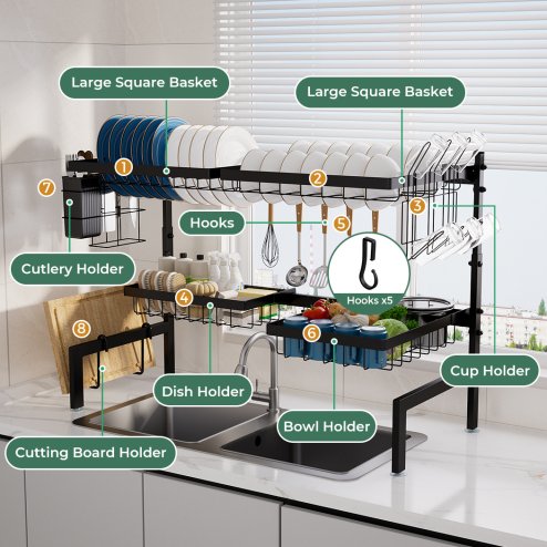 Toque Over Sink Dish Drying Rack 2 Tier Adjustable Drainer Rack Space Saving