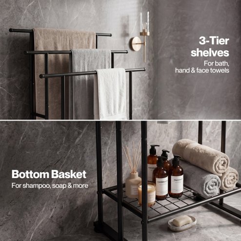 Levede Towel Rail Metal Rack With Basket 3-Tier Storage Anti-Slip Foot Black