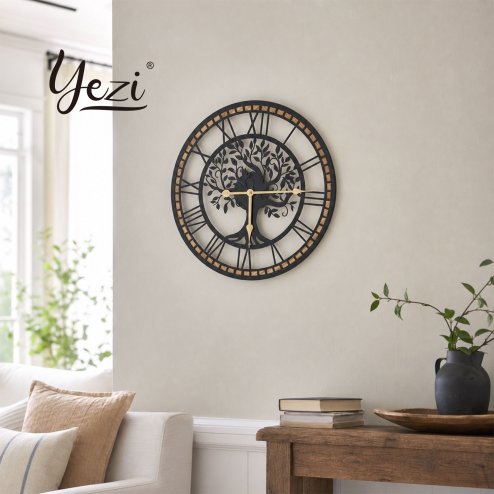 Yezi Wall Clock Silent Quartz Tree Design 40Cm Large Face For Living Room Black