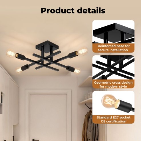EMITTO Semi Flush Mount Ceiling Light Fixture Matte Black 4 Light E27 Socket