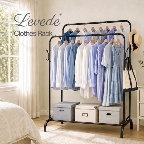 Levede Clothes Rail Heavy Duty 2 Rods Carbon Steel Rack with Shelf Bedroom Black