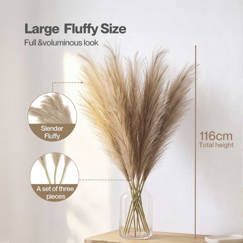 Santaco Pampas Grass Artificial 3Pcs 116cm Handcrafted Faux Silk Vase Brown