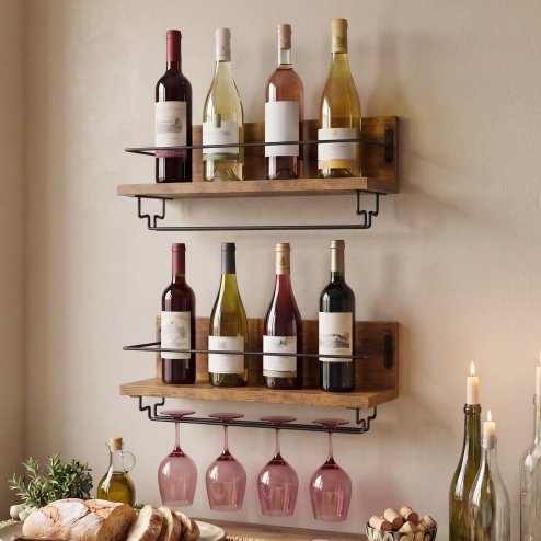 Levede Wall Wine Rack With Glass Holder Floating Wine Shelf Home Bar Storage 2PC