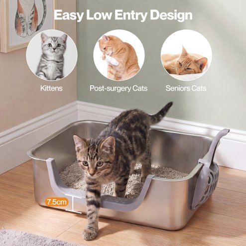 Skylos Cat Litter Tray Stainless Steel 7.5cm Low Entry High Sides 201 Steel