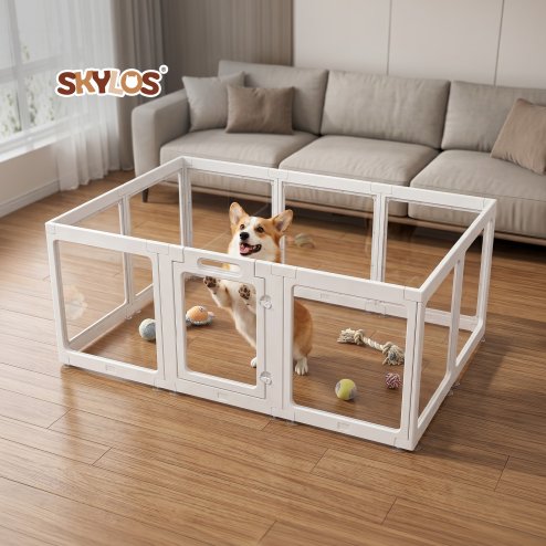 Skylos Dog Pen, Transparent Dog Playpen, 153x102x60cm, HDPE Acrylic, White