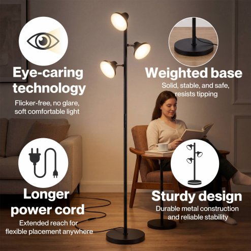 Emitto Floor Lamp, 3-Light Dimmable Standing Lamp, Remote Touch, Black