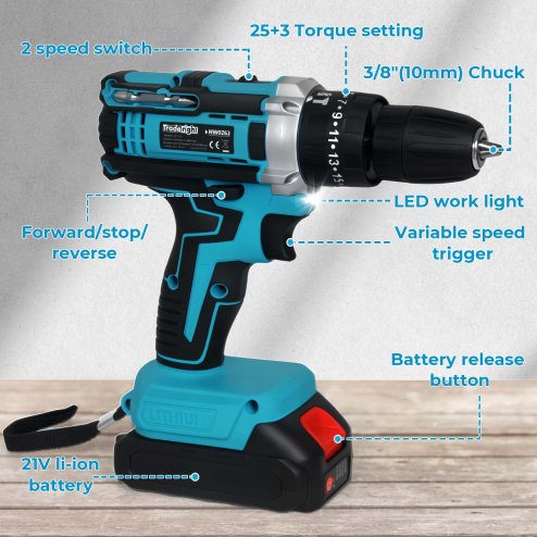 Traderight 21V Cordless Drill Combi Driver Electric Screwdriver Set 1 Battery