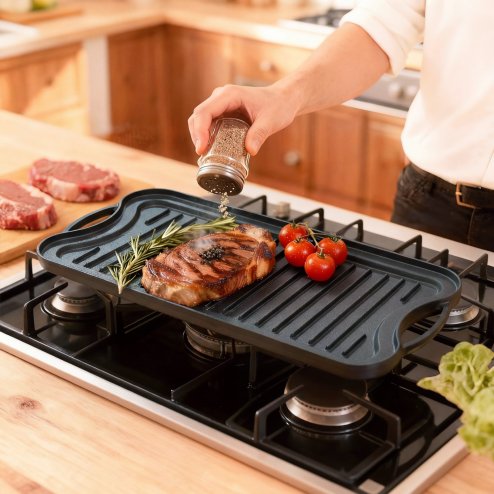 Toque Reversible Cast Iron Griddle Plate Non-Stick Grill Skillet Kitchen 50.5cm