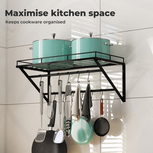Toque Wall Mounted Pot Pan Rack Multipurpose Utensil Rail Holder Shelf 12 Hooks