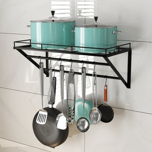 Toque Wall Mounted Pot Pan Rack Multipurpose Utensil Rail Holder Shelf 12 Hooks